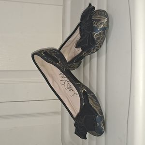 Libby Edelman nylon blue & metallic gold "Casey" ballet flats - velvet bow - 7